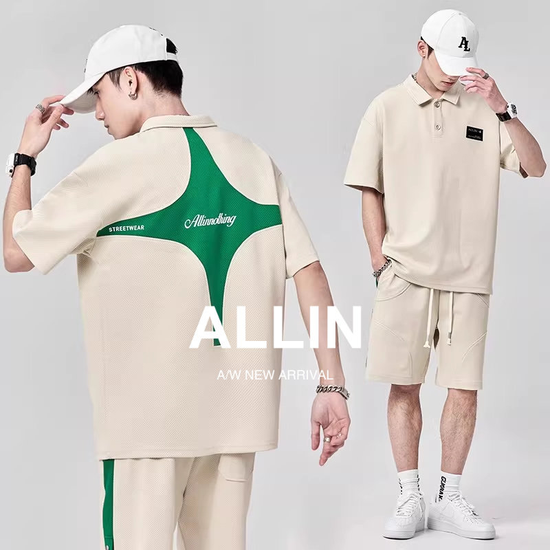 ALLIN 短袖polo衫男夏季潮牌潮流t恤五分短裤休闲痞帅运动