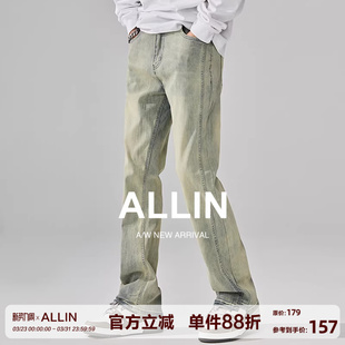 微喇做旧直筒水洗裤 ALLIN 复古高街窄版 男潮牌美式 子 黄泥染牛仔裤