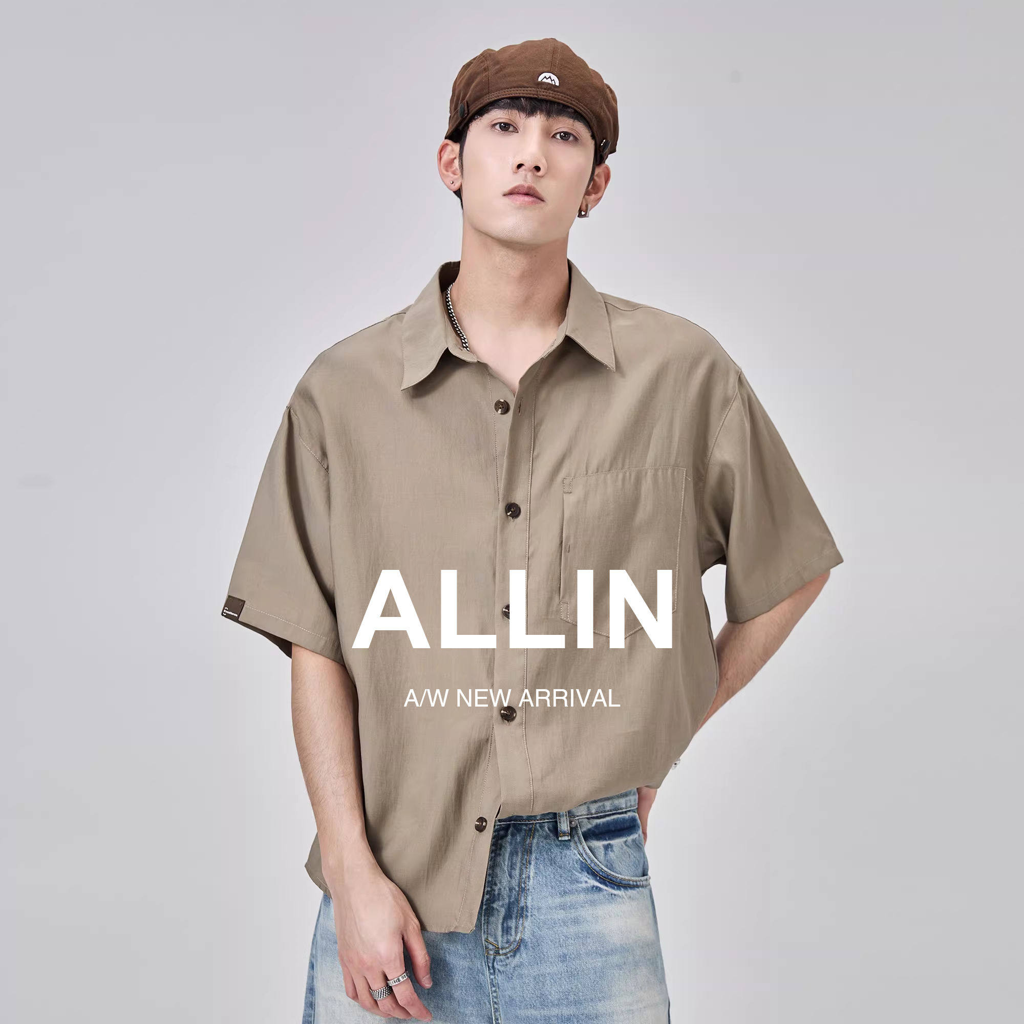 ALLIN 美式重磅短袖衬衫男夏季纯色翻领口袋休闲上衣半袖宽松衬