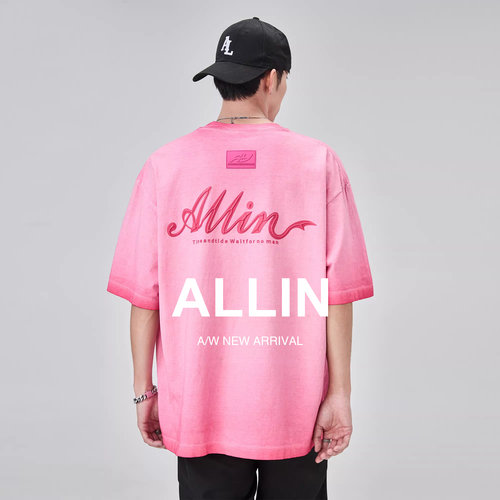 ALLIN 重磅渐变短袖t恤男夏季纯棉字母印花半袖宽松圆领情侣上衣
