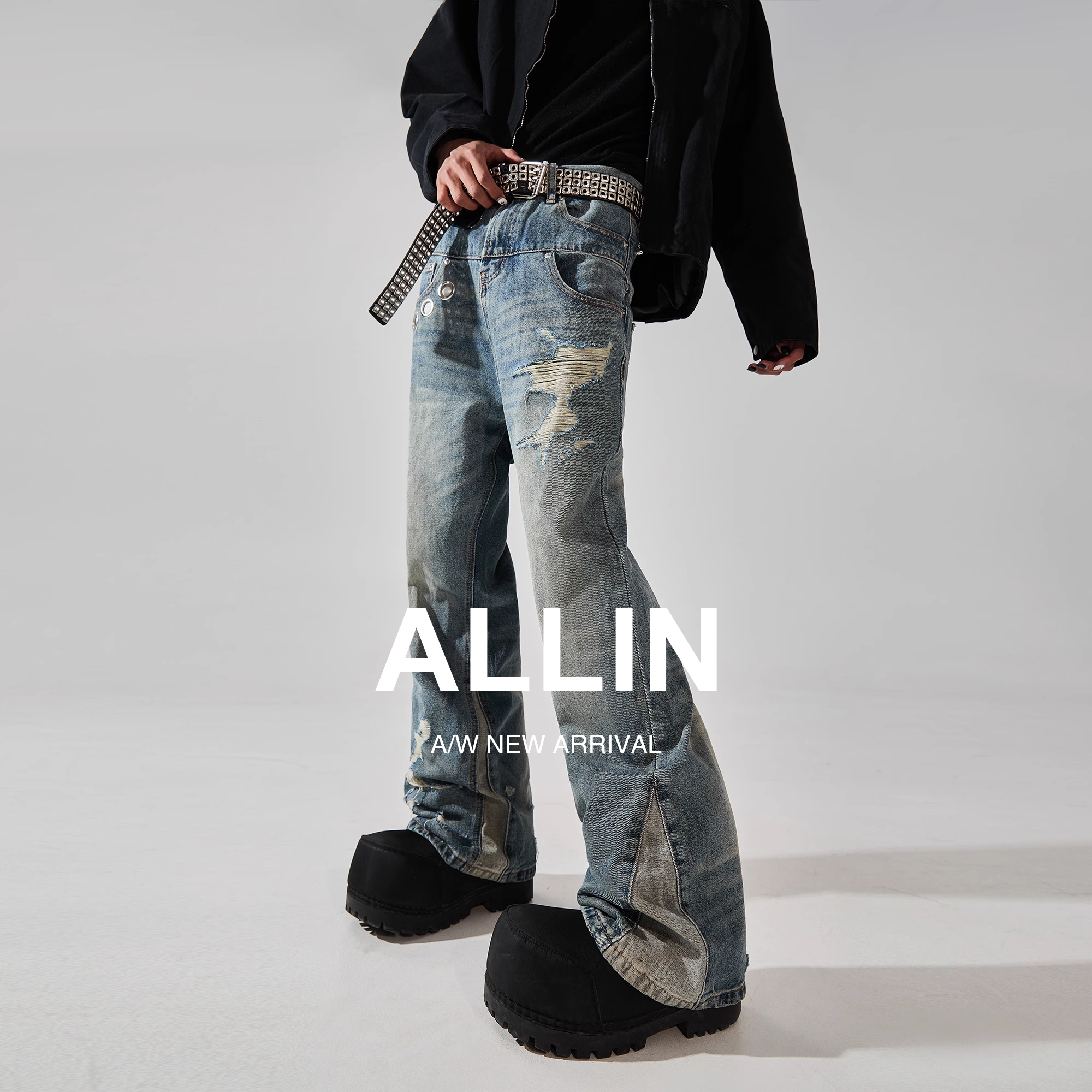 ALLIN 美式复古双腰头牛仔裤男痞帅炸街破洞小众做旧情侣微喇长裤