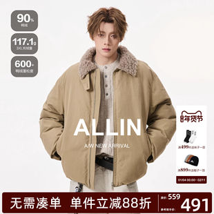 ALLIN 美式毛领拼接羽绒服男生冬季加厚保暖翻领夹克休闲情侣外套