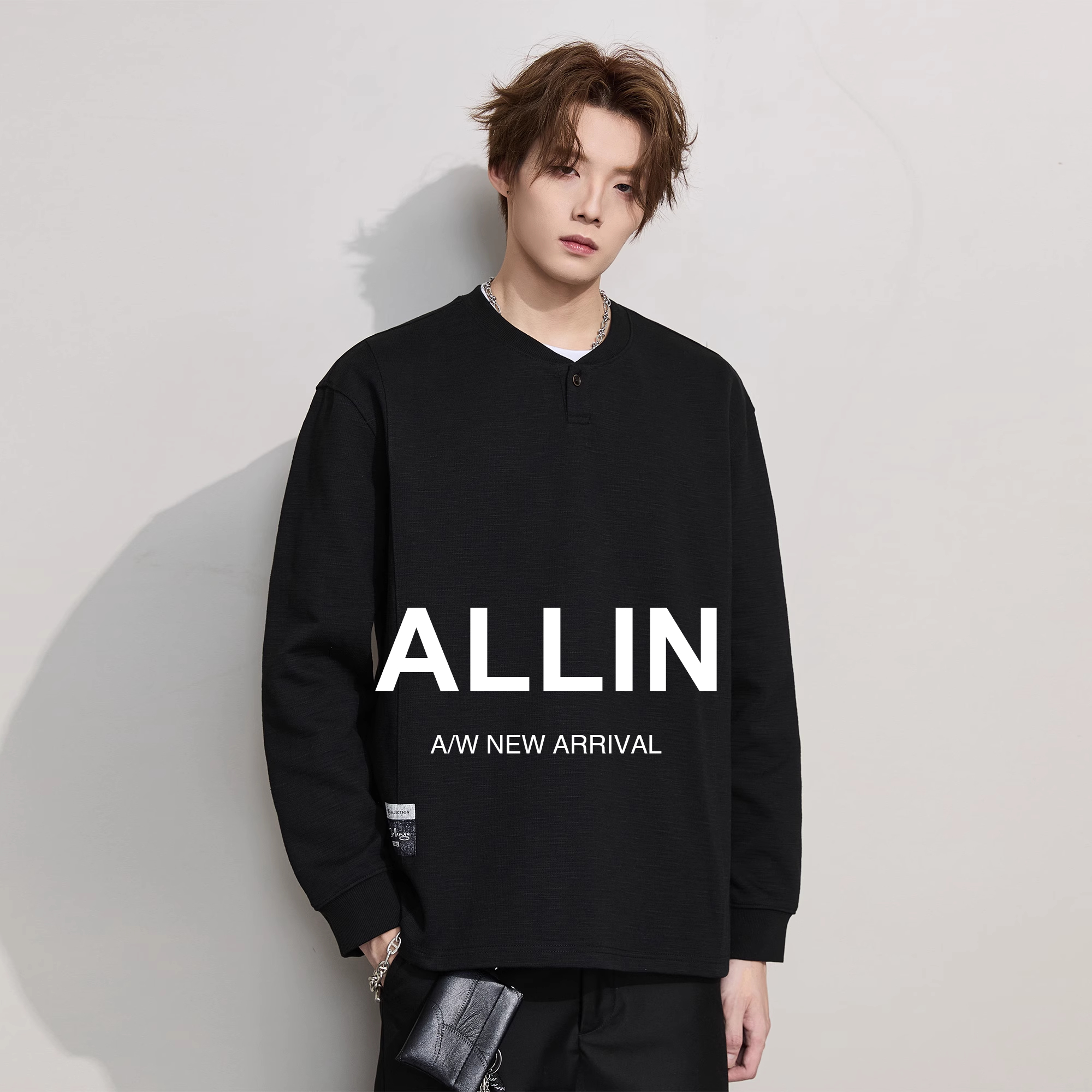 ALLIN 亨利领黑色长袖T恤男秋季纯色宽松打底衫情侣休闲运动上衣