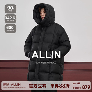 连帽宽松h型羽绒大衣外套 90羽绒服男女冬季 ALLIN 奢感雪山中长款