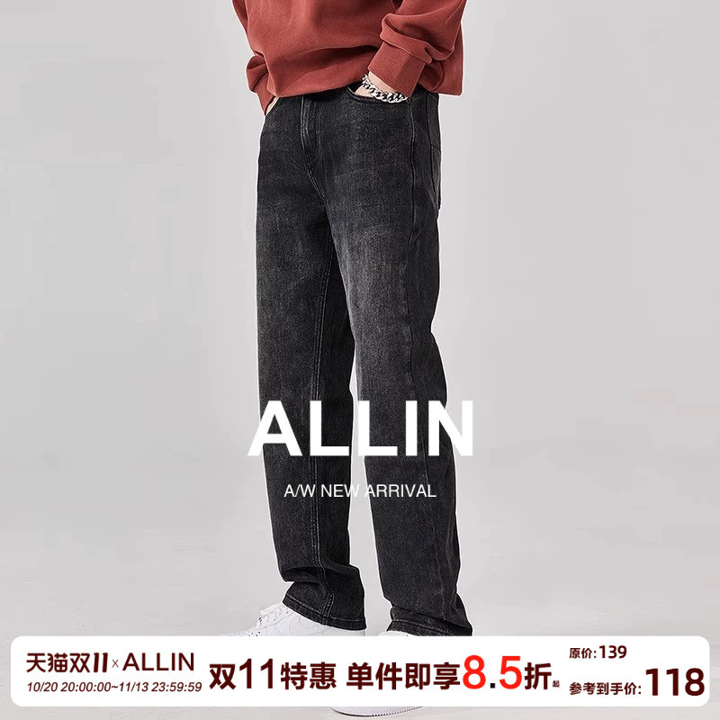 ALLIN 黑色复古牛仔裤男夏季美式高街直筒裤潮牌休闲微喇vibe裤子