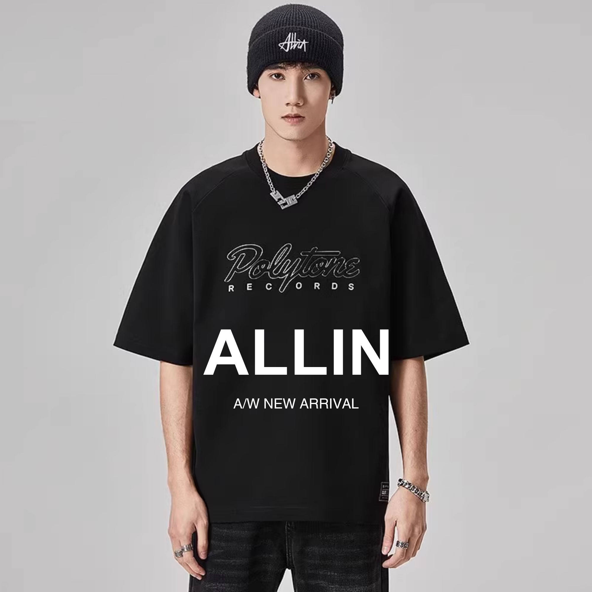 ALLIN 黑色短袖t恤男夏季美式潮牌字母印花体恤半袖宽松圆领上