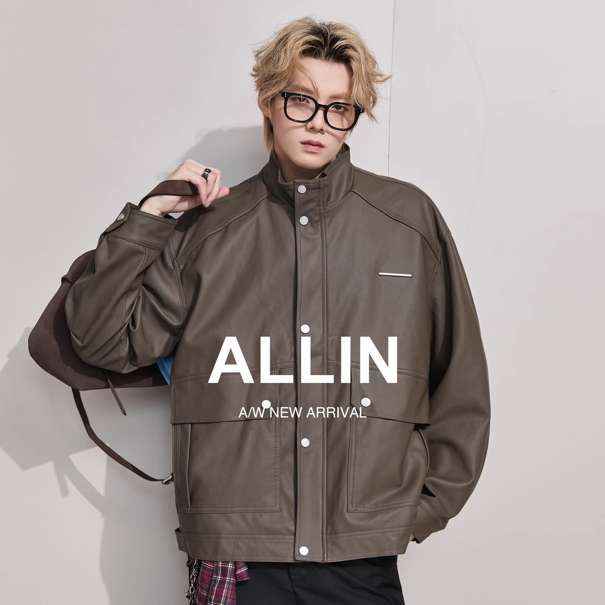 ALLIN 高级感PU皮夹克男秋冬季新款短款机车潮流翻领皮衣情侣外套