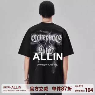 高街黑色字母印花半袖 ALLIN 美式 t恤男夏季 情侣上衣 重磅210G短袖