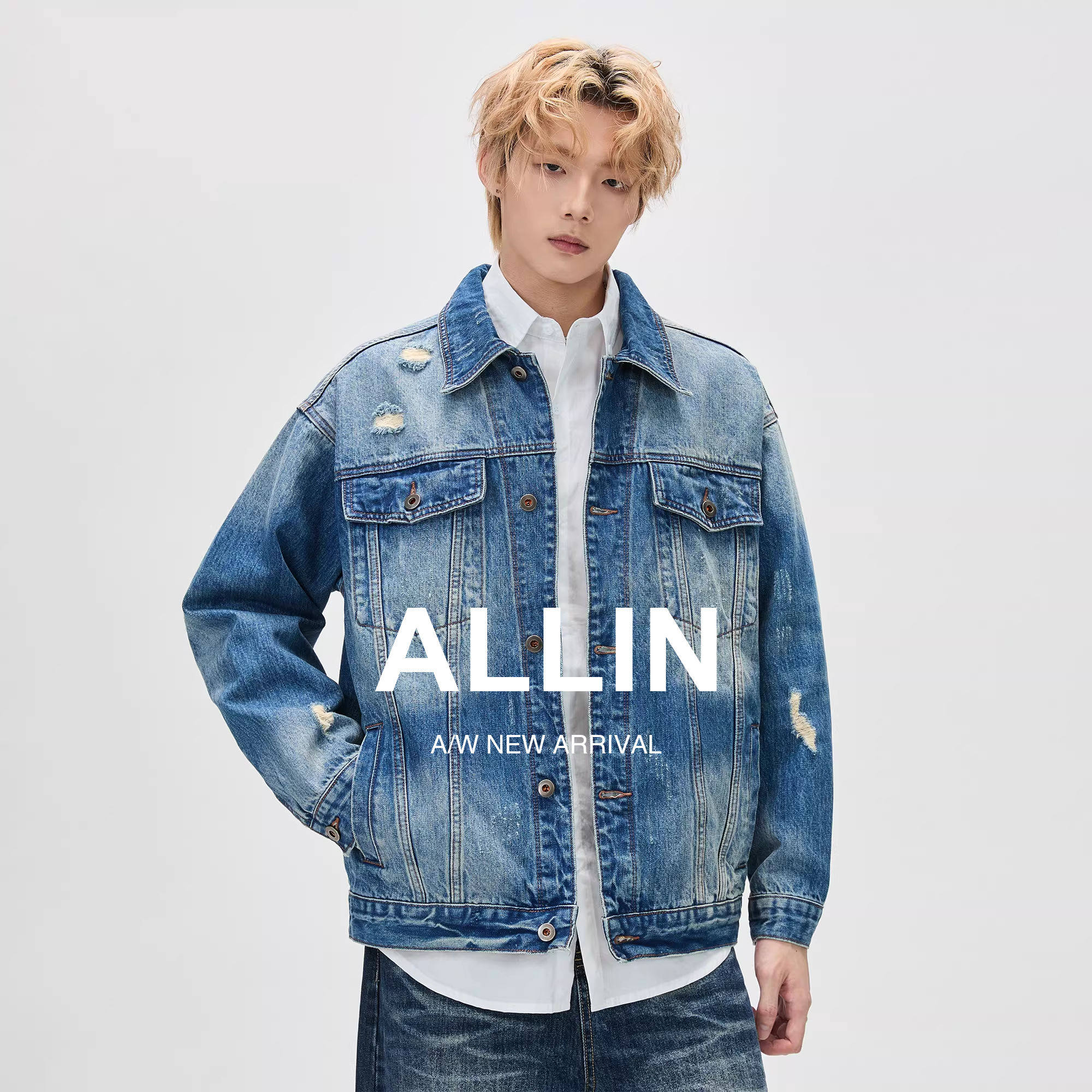 ALLIN 美式水洗做旧牛仔衣外套男秋冬潮牌复古破洞设计感休闲夹克
