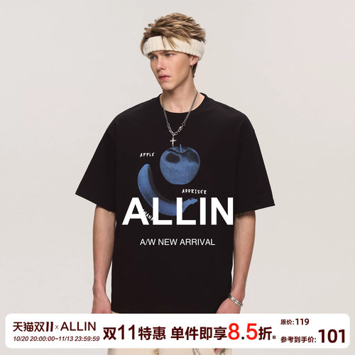 ALLIN 黑色纯棉重磅短袖t恤男夏季水果趣味印花美式潮牌半袖上衣