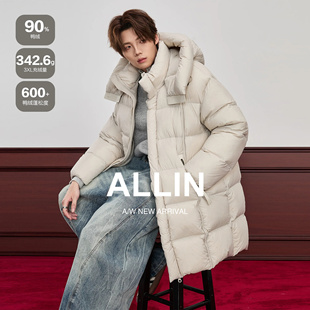 ALLIN 90绒宽松h型羽绒服大衣男冬季加厚保暖防寒连帽中长款外套