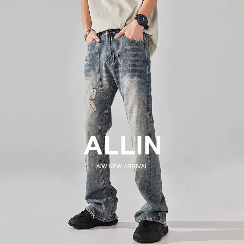 ALLIN 美式高街复古水洗破洞做旧牛仔裤男潮牌直筒微喇显瘦长裤子