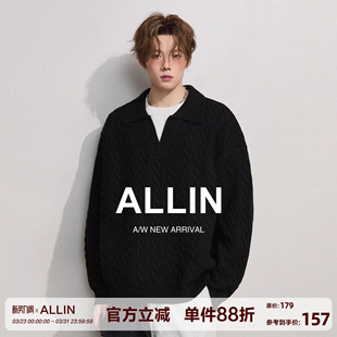 外套 情侣慵懒麻花翻领含羊毛针织衫 ALLIN 假两件黑色毛衣男春秋季