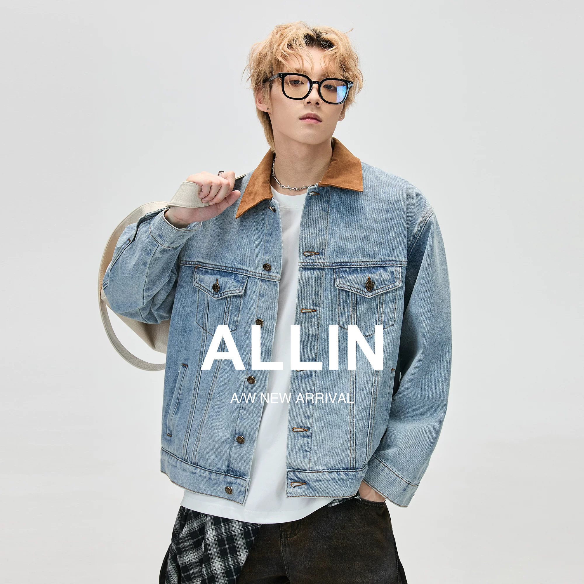 ALLIN 麂皮绒翻领拼接牛仔外套男春秋季美式工装水洗情侣休闲外套