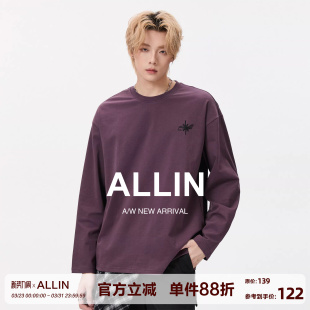 ALLIN T恤男春秋百搭宽松内搭情侣圆领纯色上衣 重磅刺绣落肩长袖