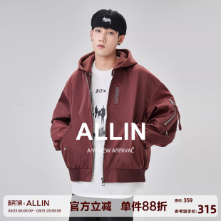 棒球服开衫 潮牌廓版 外套 酒红色可拆卸连帽飞行员夹克男美式 ALLIN