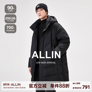 外套 90白鸭绒加厚保暖防寒情侣中长款 ALLIN 黑色连帽羽绒服男冬季