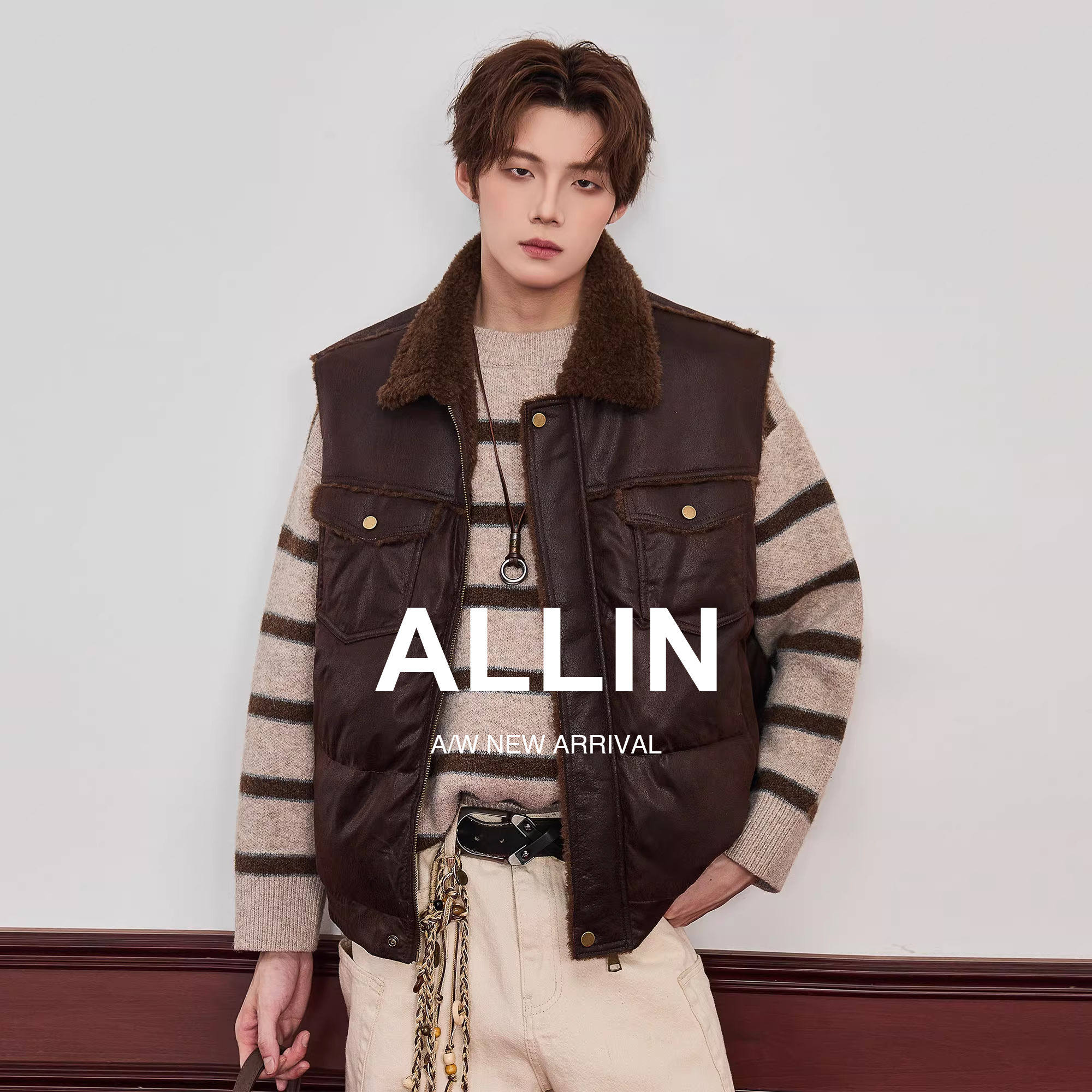 ALLIN 复古羊羔毛加厚皮衣马甲男秋冬情侣短款机车保暖皮夹克外