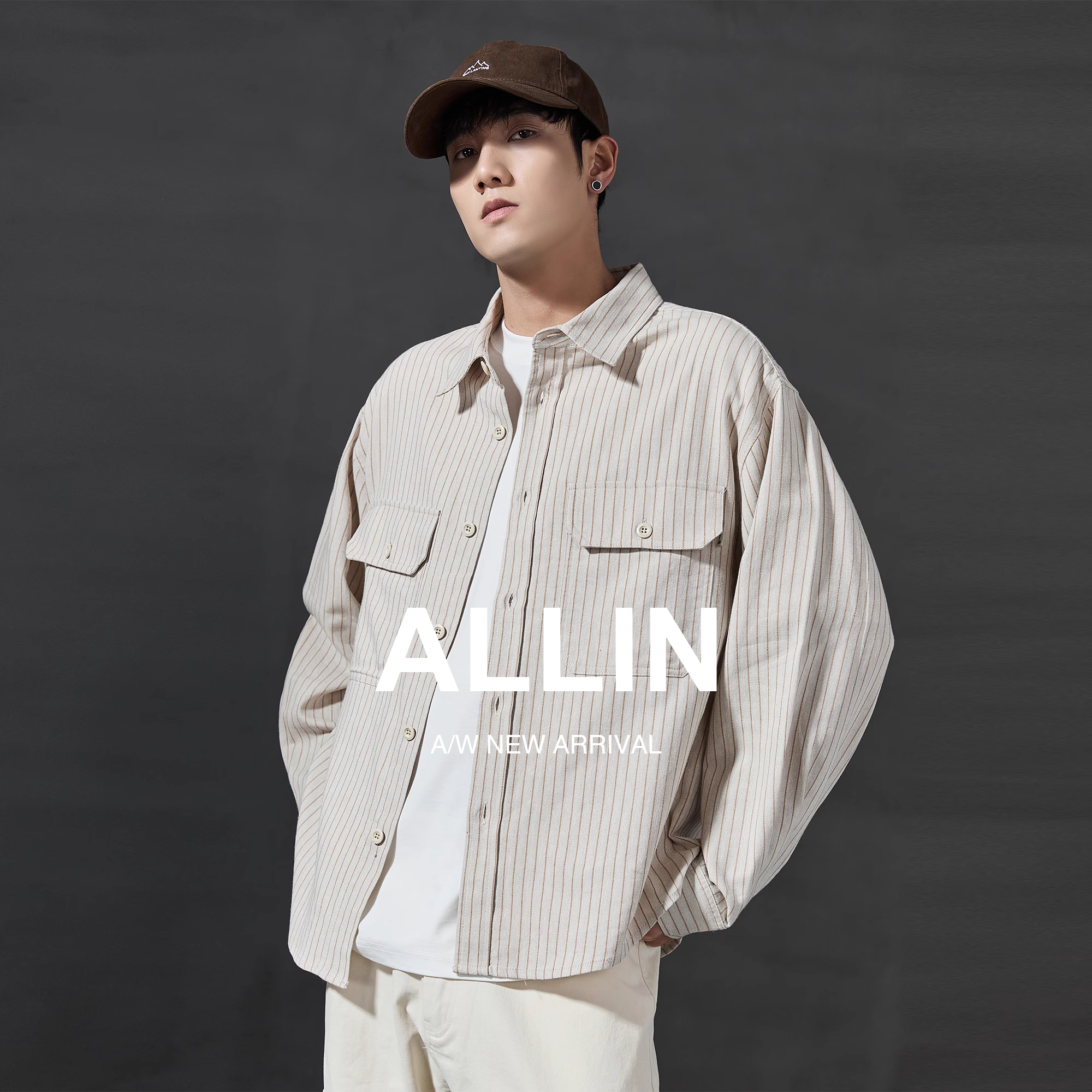 ALLIN 廓形条纹衬衫长袖男女情侣款内搭外穿日系复古流行衬衣外套
