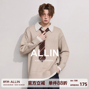 情侣慵懒老钱风V领针织衫 ALLIN 假两件polo翻领拼接毛衣男春秋季