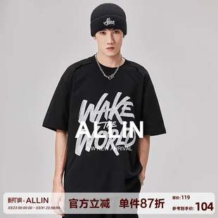重磅黑色半袖 t恤男夏季 宽松潮牌字母印花上衣 精梳纯棉短袖 ALLIN