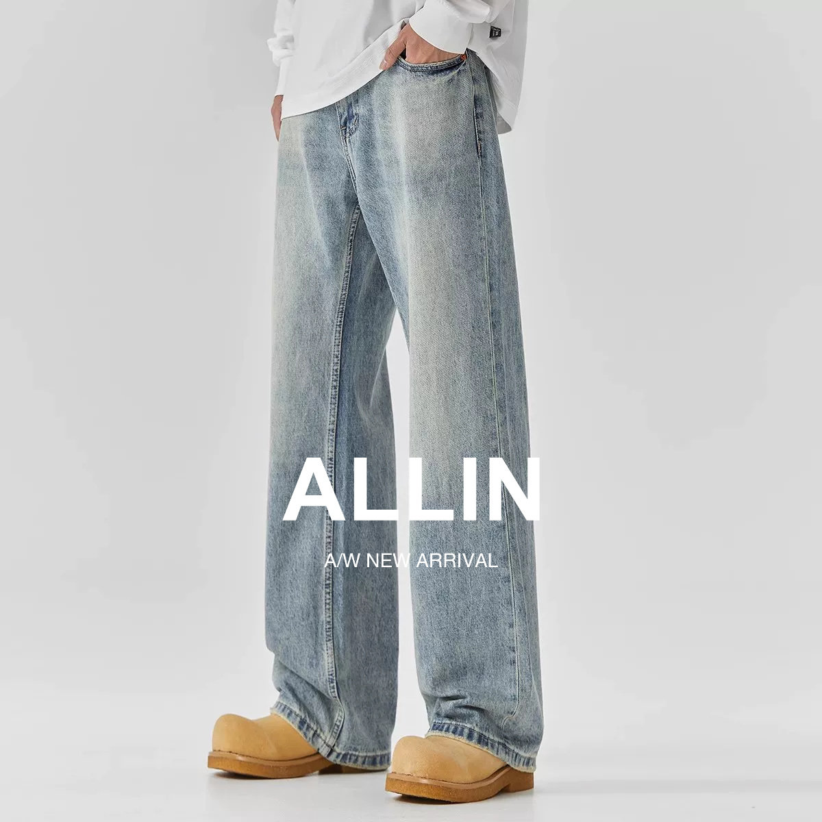 ALLIN 美式复古水洗牛仔裤男士夏季宽松直筒阔腿裤浅色拖地长裤