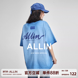 字母立体印花情侣纯棉重磅半袖 t恤男夏季 上衣 洗水渐变短袖 ALLIN