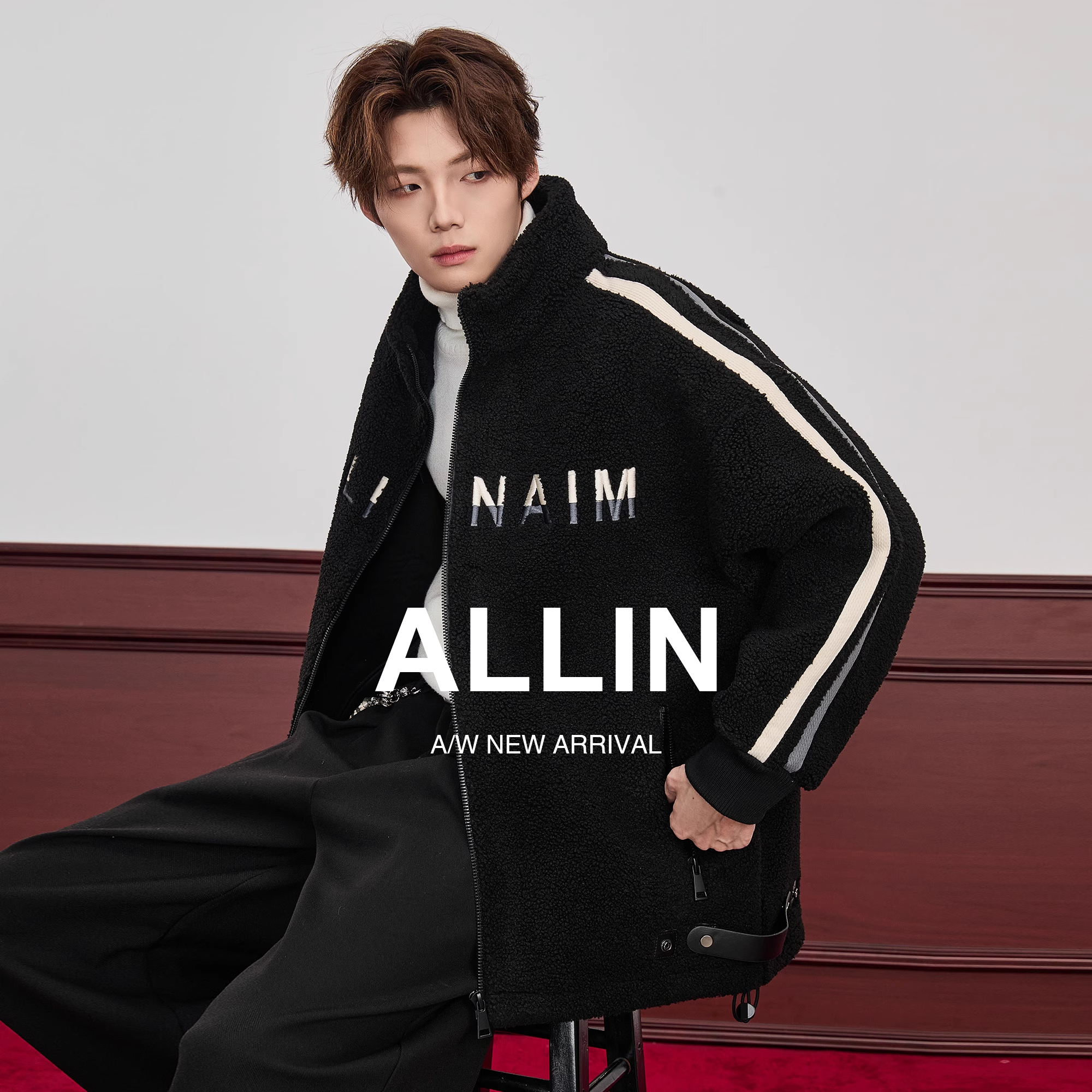 ALLIN 品牌字母刺绣绒感外套男秋冬季短款立领羊羔绒加厚保暖夹克