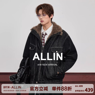 ALLIN 加厚保暖cleanfit毛领情侣外套 座山雕水洗牛仔夹克男生冬季