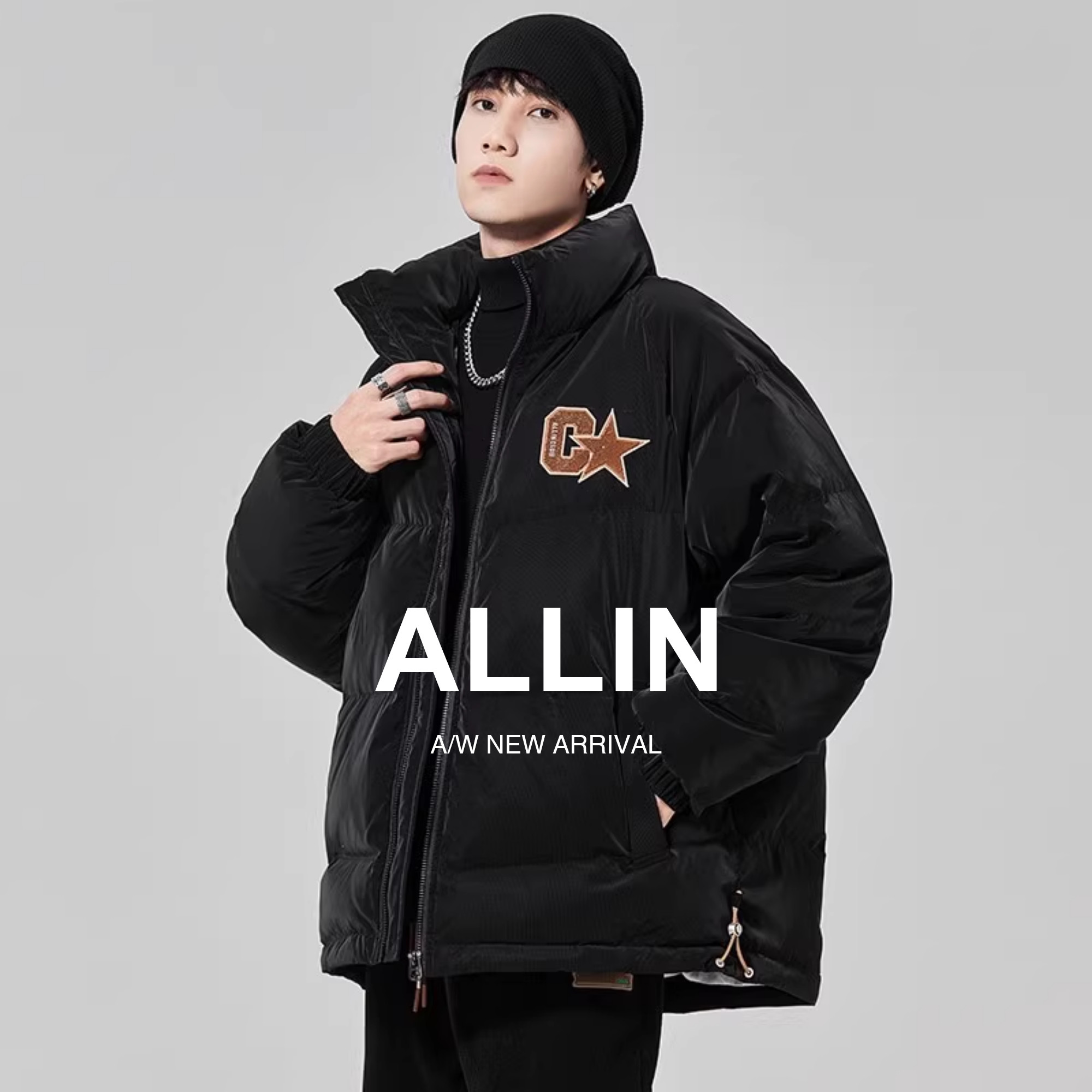 ALLIN字母刺绣鸭绒保暖羽绒服