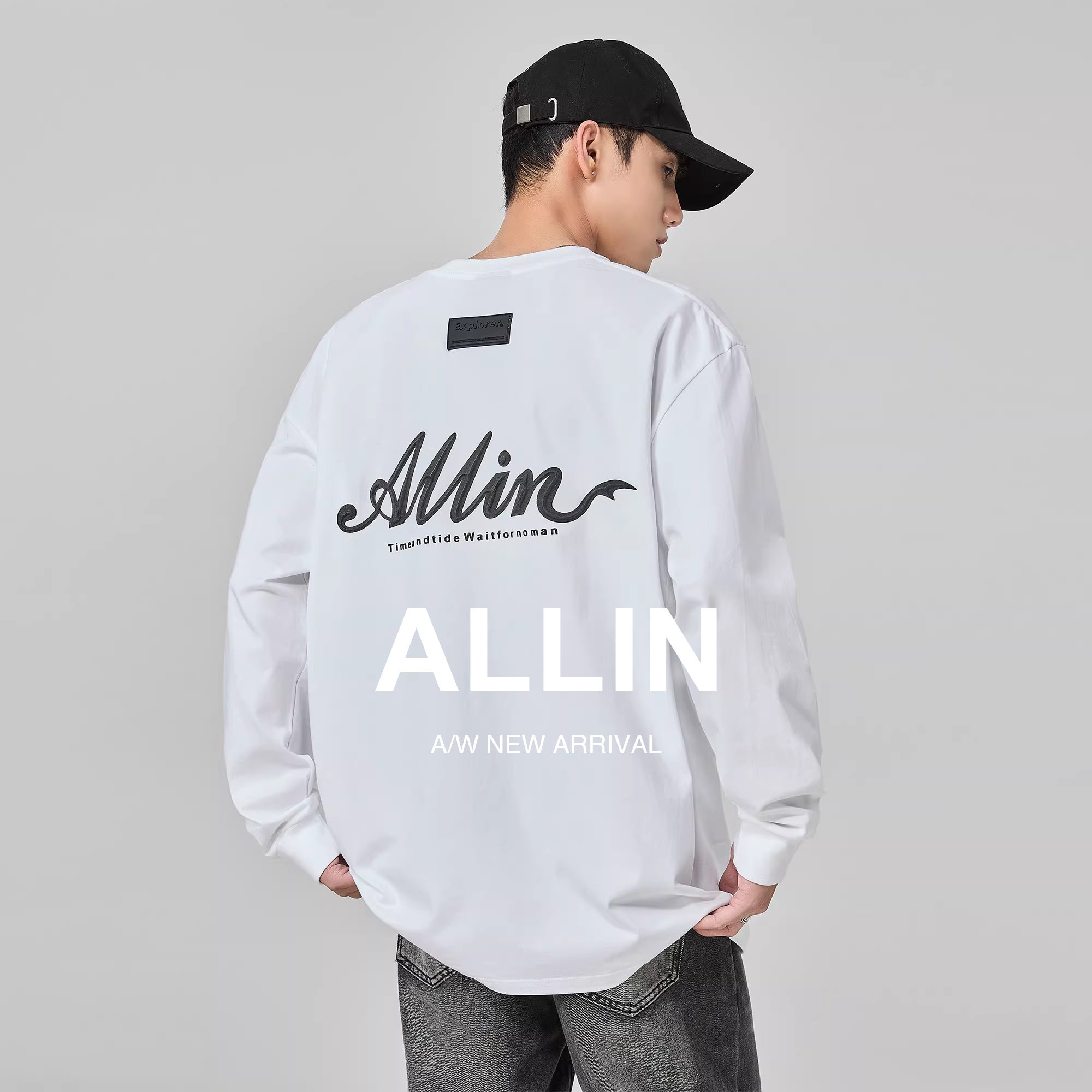 ALLIN 白色长袖t恤男女春秋字母印花圆领套头纯棉重磅打底衫上衣