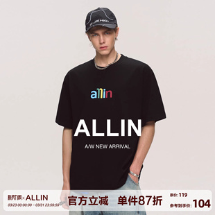 彩色字母印花潮牌半袖 t恤男夏季 情侣纯棉重磅上衣 黑色短袖 ALLIN