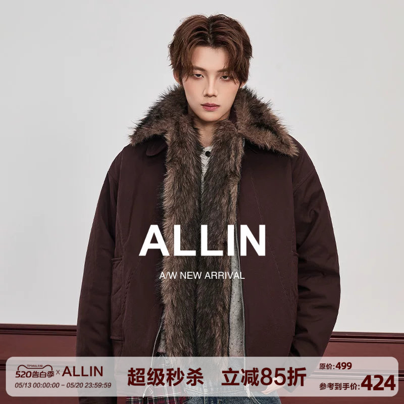 ALLIN 复古做旧座山雕加厚夹克男冬季情侣宽松解构高级感毛领外