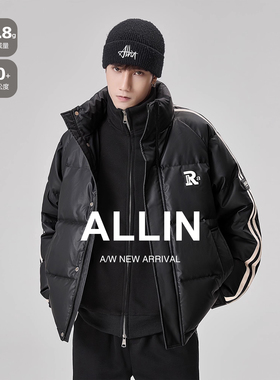 ALLIN 字母印花羽绒服男冬季立领短款面包服潮牌宽松加厚保暖外套