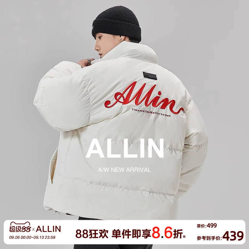 ALLIN 白色鸭绒羽绒服冬季男款品牌字母刺绣短款立领情侣潮牌外套