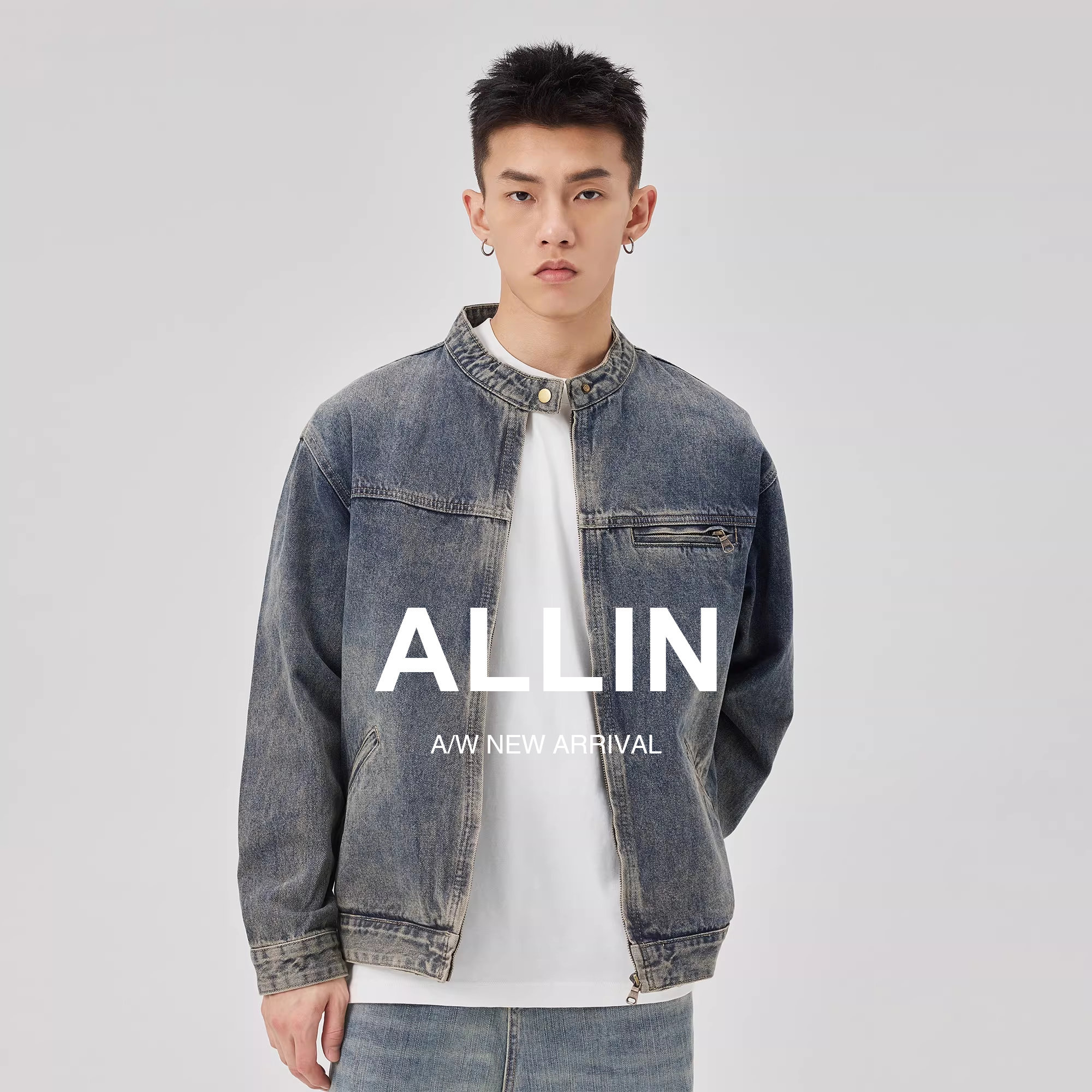 ALLIN 圆领牛仔外套男春秋季美式高街复古牛仔衣水洗做旧情侣夹克