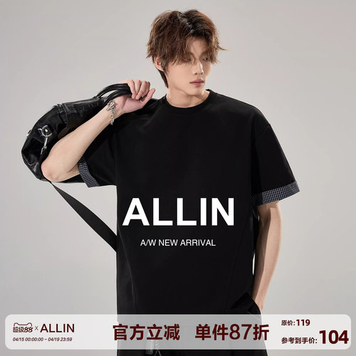ALLIN 黑色重磅圆领短袖T恤男夏季潮牌千鸟格子袖口拼接情侣上衣
