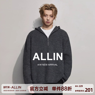 ALLIN 连帽半拉链针织毛衣男春秋情侣潮牌慵懒风廓形宽松休闲外套