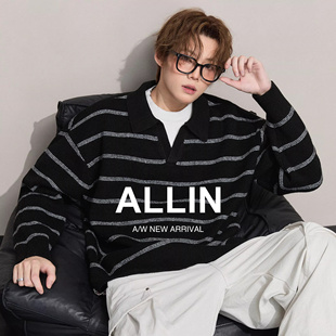 ALLIN 含羊毛条纹假两件毛衣男春秋情侣慵懒风POLO翻领保暖针织衫