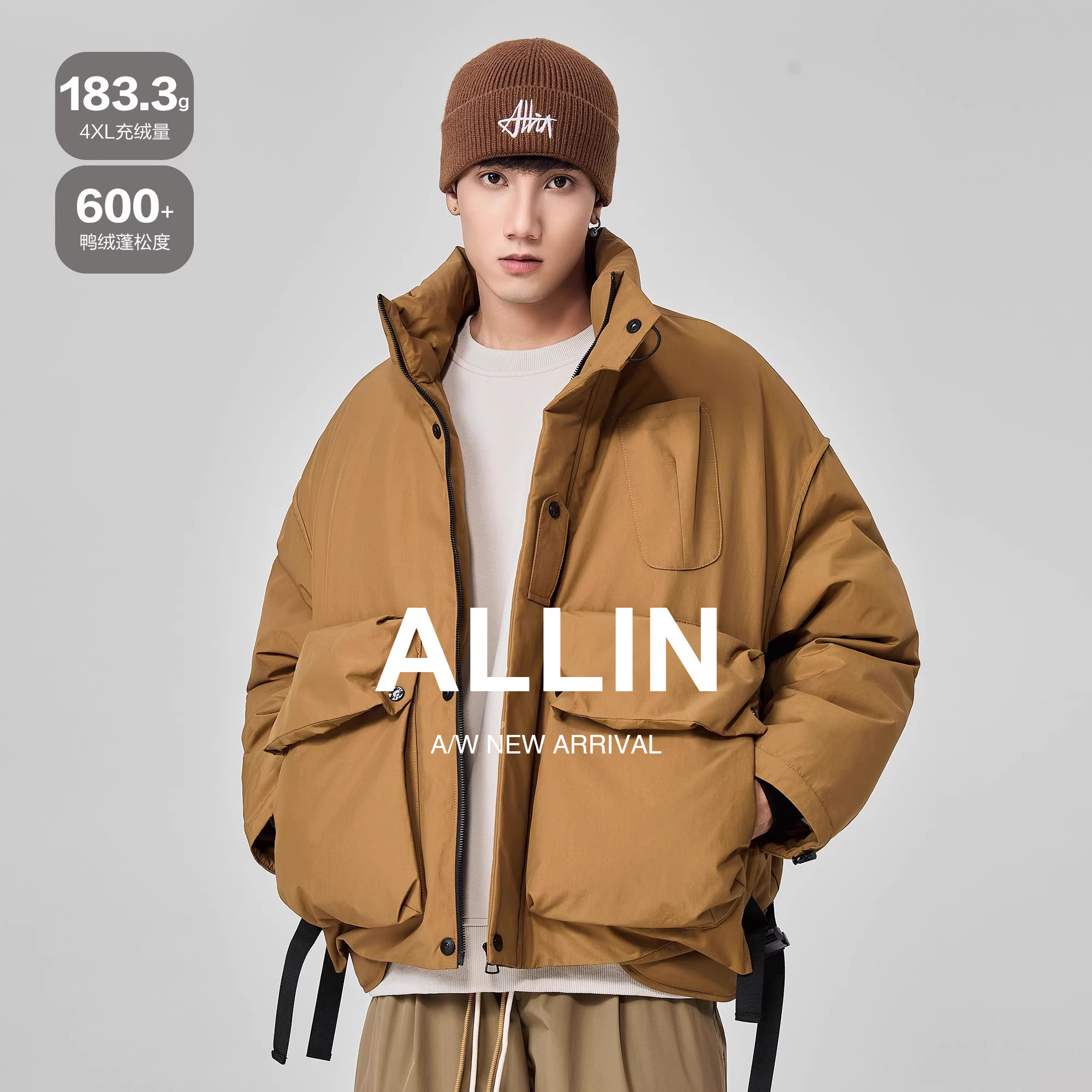 ALLIN 工装羽绒服男冬季黑色大口袋鸭绒加厚保暖短款立领情侣外