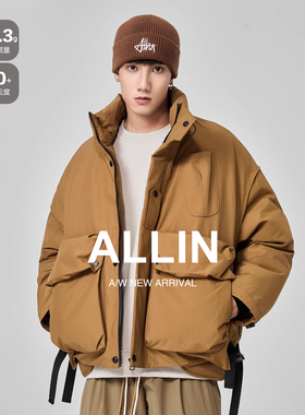 ALLIN 工装羽绒服男冬季黑色大口袋鸭绒加厚保暖短款立领情侣外套