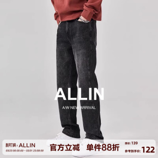 潮牌休闲微喇vibe裤 ALLIN 高街直筒裤 男春秋美式 子 黑色复古牛仔裤