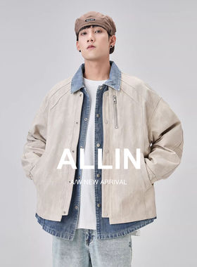 ALLIN 假两件牛仔拼接翻领外套男解构设计感cleanfit潮牌休闲夹克