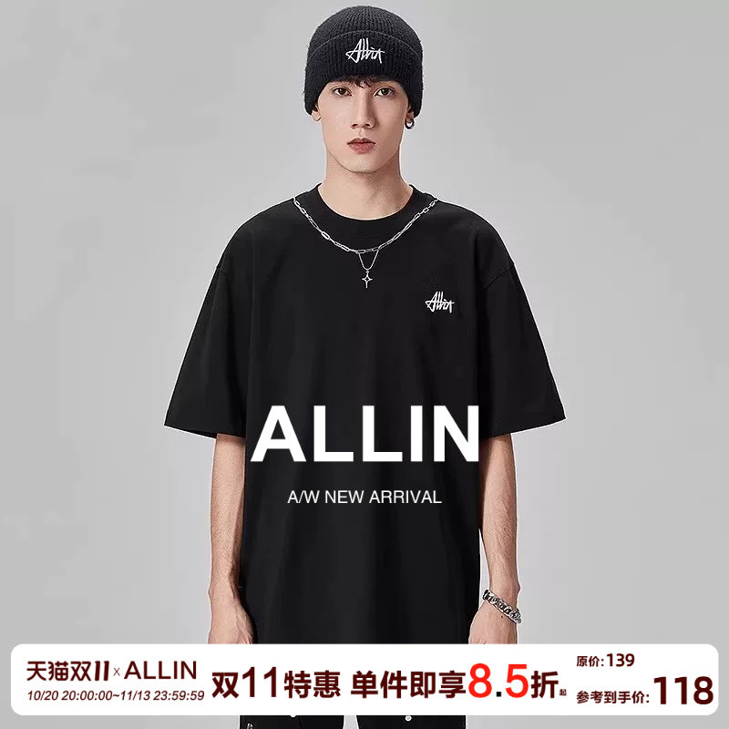 ALLIN 纯棉黑色短袖t恤男夏季重磅字母刺绣项链装饰重磅半袖上衣