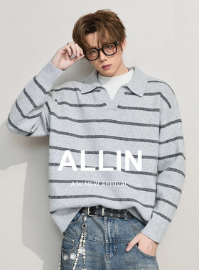 ALLIN 假两件POLO翻领针织衫男春秋季含羊毛条纹休闲情侣慵懒毛衣