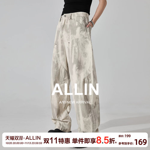 ALLIN 美式复古休闲裤男夏季纯棉潮牌做旧宽松直筒弯刀高街长裤子
