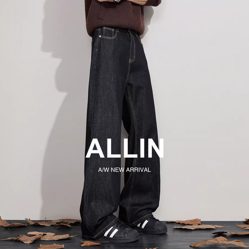 ALLIN 黑色弯刀牛仔裤男士夏季宽松直筒阔腿裤美式高街拖地长裤子