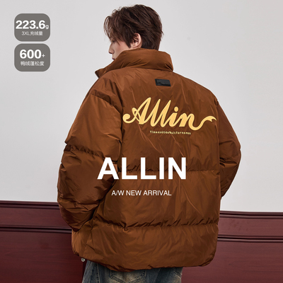 ALLIN 短款立领羽绒服男冬季字母刺绣面包服情侣加厚保暖防寒外套