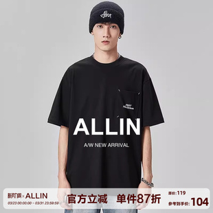 简约复古宽松口袋黑色圆领半袖 t恤男夏季 情侣上衣 重磅短袖 ALLIN