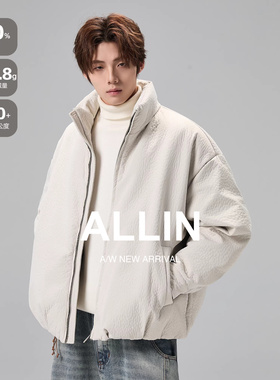 ALLIN 白色90绒荔枝纹羽绒服男冬季保暖短款立领情侣潮牌帅气外套